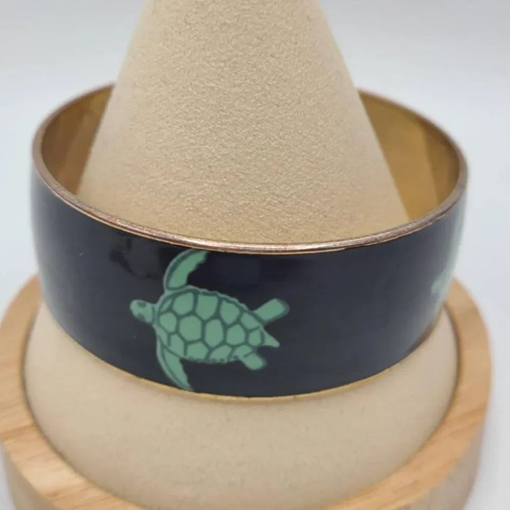 J Crew Blue Green Turtle Print Enamel Gold Tone Bangle